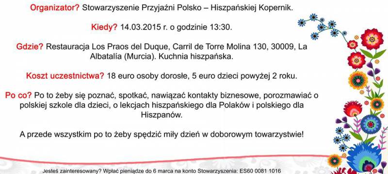 ZAPRASZAMY NA POLONIJNY OBIAD W MURCJI! 14.03.2015